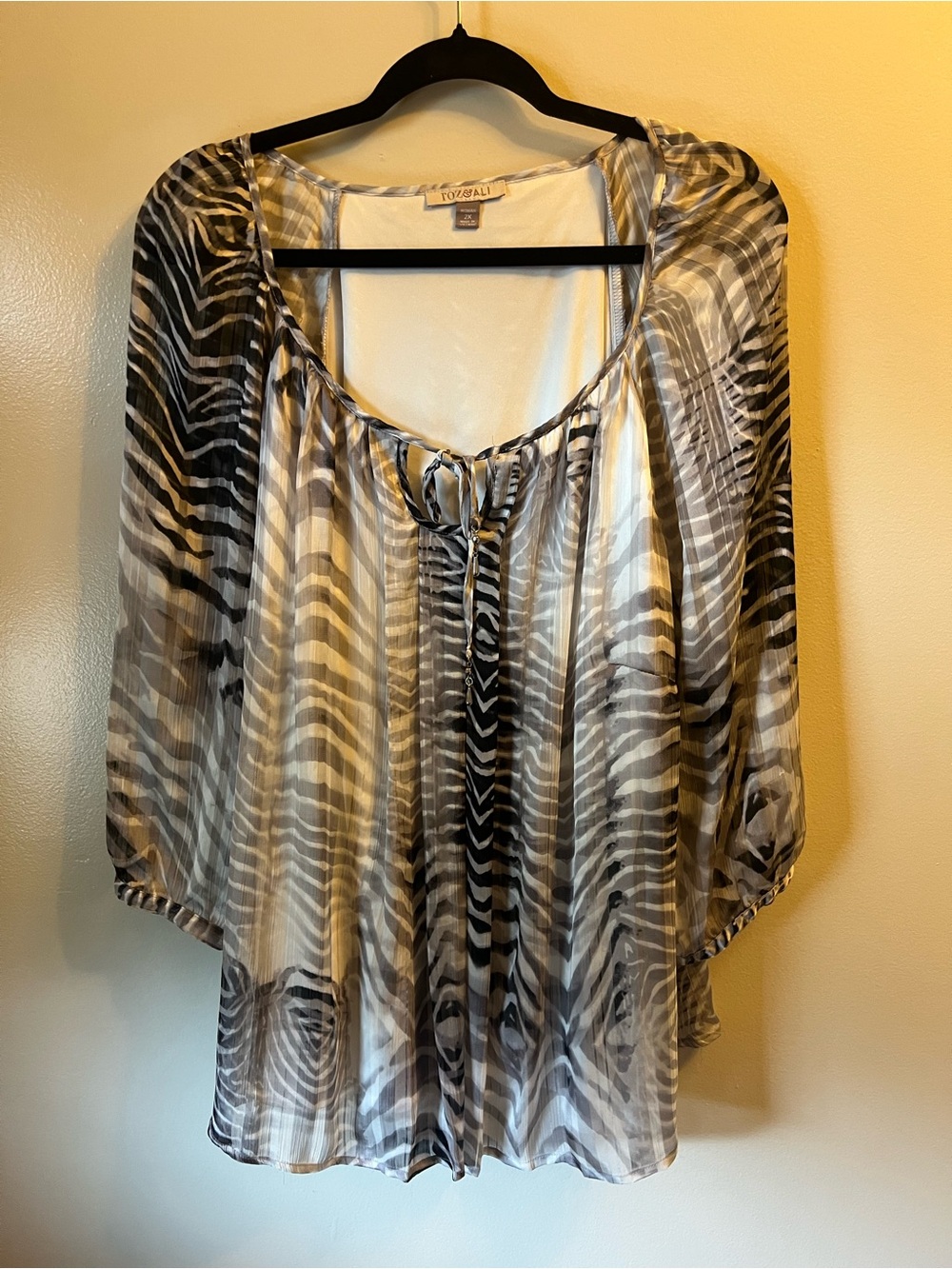 Roz & Ali Black and White Zebra-Print Sheer Peasant Blouse